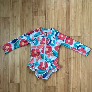 Tea Collection Floral Rash guard one piece swimsuit for girls. EUC. Size 12-18m